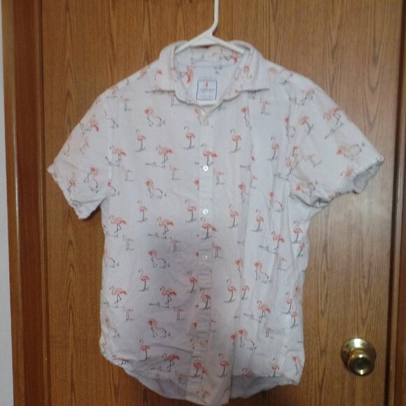 Men’s Cactus Man Pink Flamingo Short Sleeve Button-Down Shirt, Size L - Picture 1 of 2